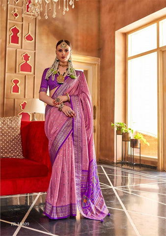 Pink color classical patola sambal puri print with aqua finish saree