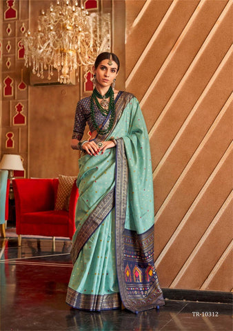 green color classical patola sambal puri print with aqua finish saree