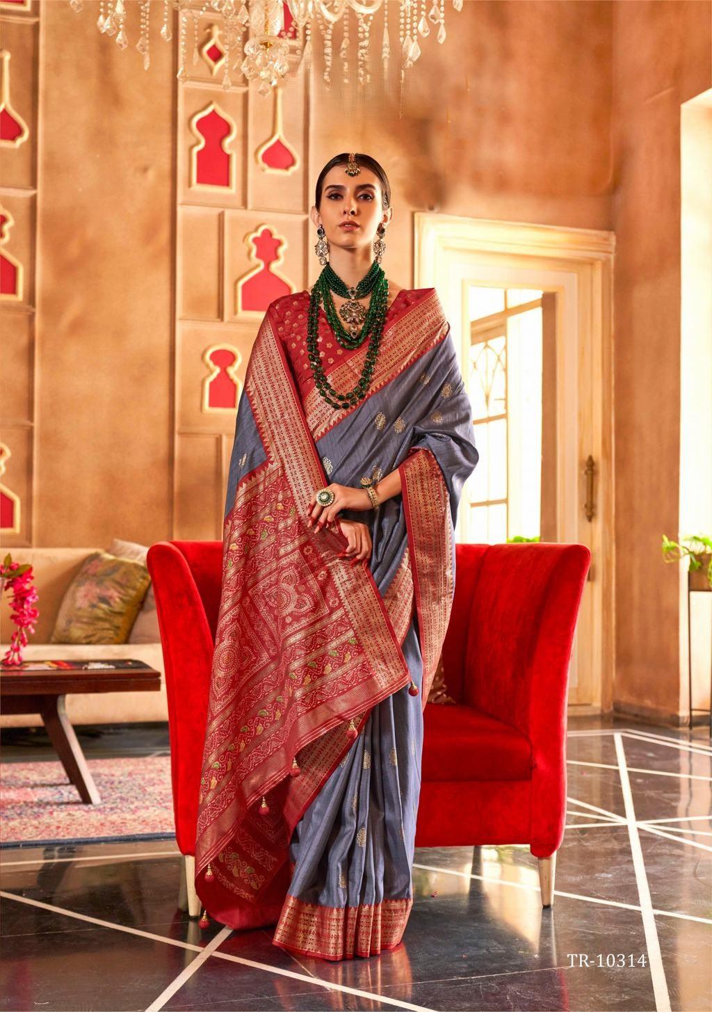 Grey color classical patola sambal puri print with aqua finish saree