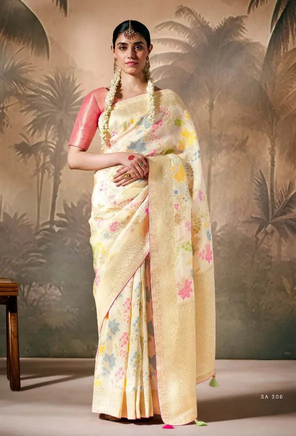 Cream Silk Saree with Zari Floral Work for Party, Festival & Ceremonial Wear