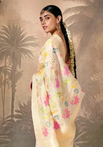 Cream Silk Saree with Zari Floral Work for Party, Festival & Ceremonial Wear