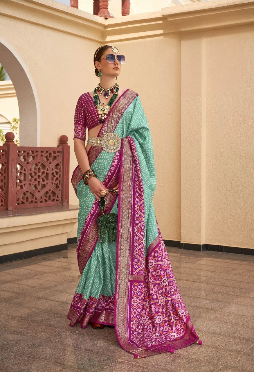 Light Turquoise Green Polyester Viscose Silk Shagun Patola Saree