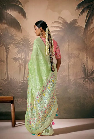 Pista Silk Saree with Zari Floral Work for Party, Festival & Ceremonial Wear