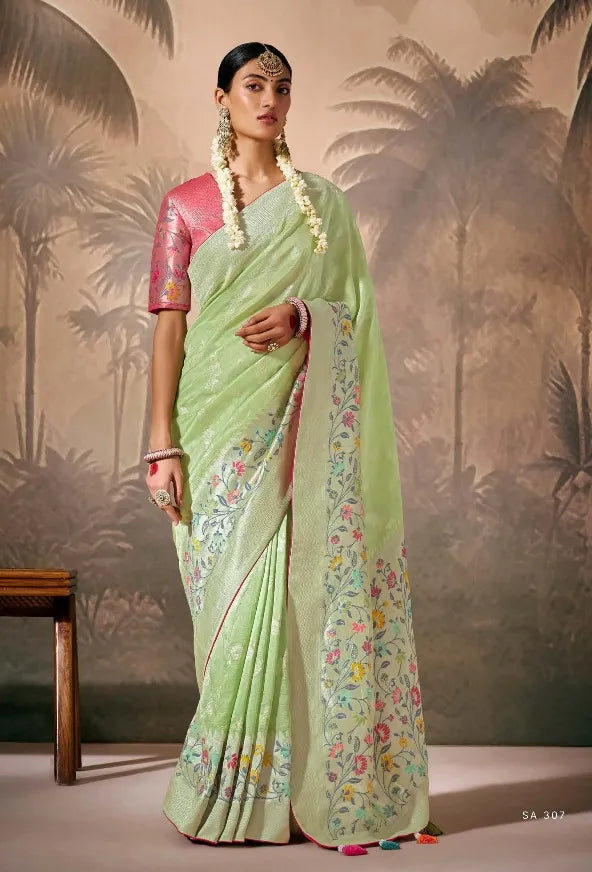 Pista Silk Saree with Zari Floral Work for Party, Festival & Ceremonial Wear