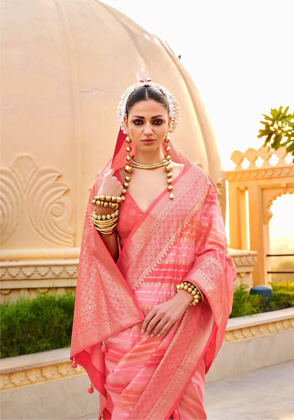 Designer coral pink digital print saree - indosilk