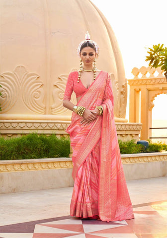 Designer coral pink digital print saree - indosilk