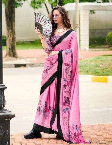 Pink color Japan Satin Digital Printed Saree