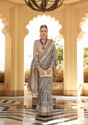 Dark grey color designer raw silk saree - indosilk