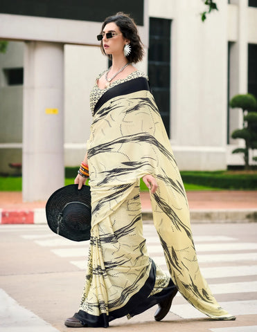 Off White color Japan Satin Digital Printed Saree