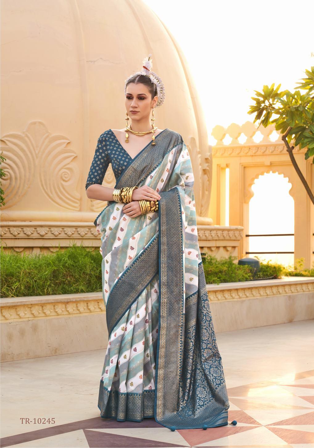 Designer teal blue color digital print saree - indosilk