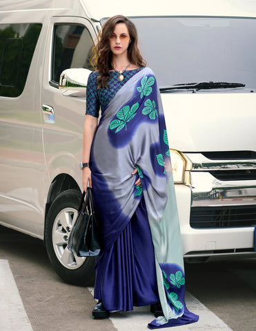 Blue color Japan Satin Digital Printed Saree