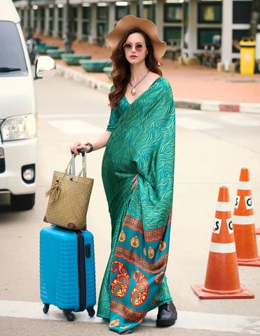 Green color Japan Satin Digital Printed Saree