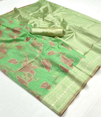 Women Handloom Weaving  Linen Fabric Saree In Green Color