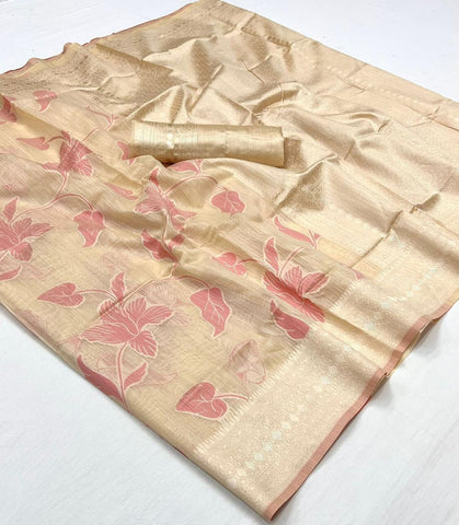 Women Handloom Weaving  Linen Fabric Saree In Peach Color