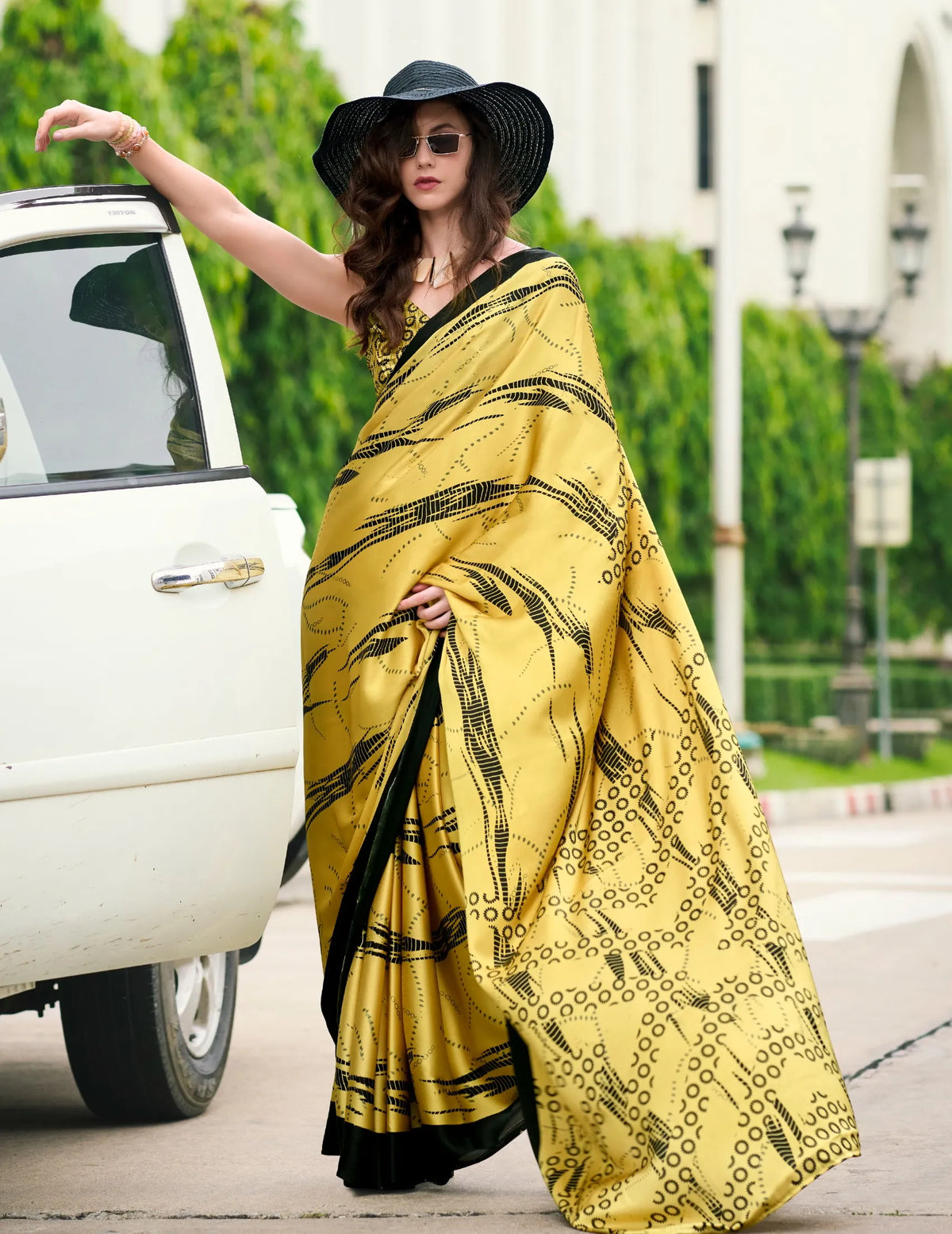 Yellow color Japan Satin Digital Printed Saree