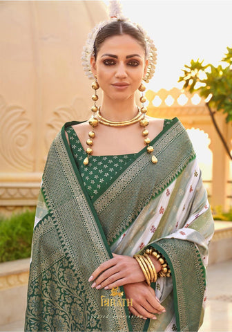 Designer dark green color digital print saree - indosilk