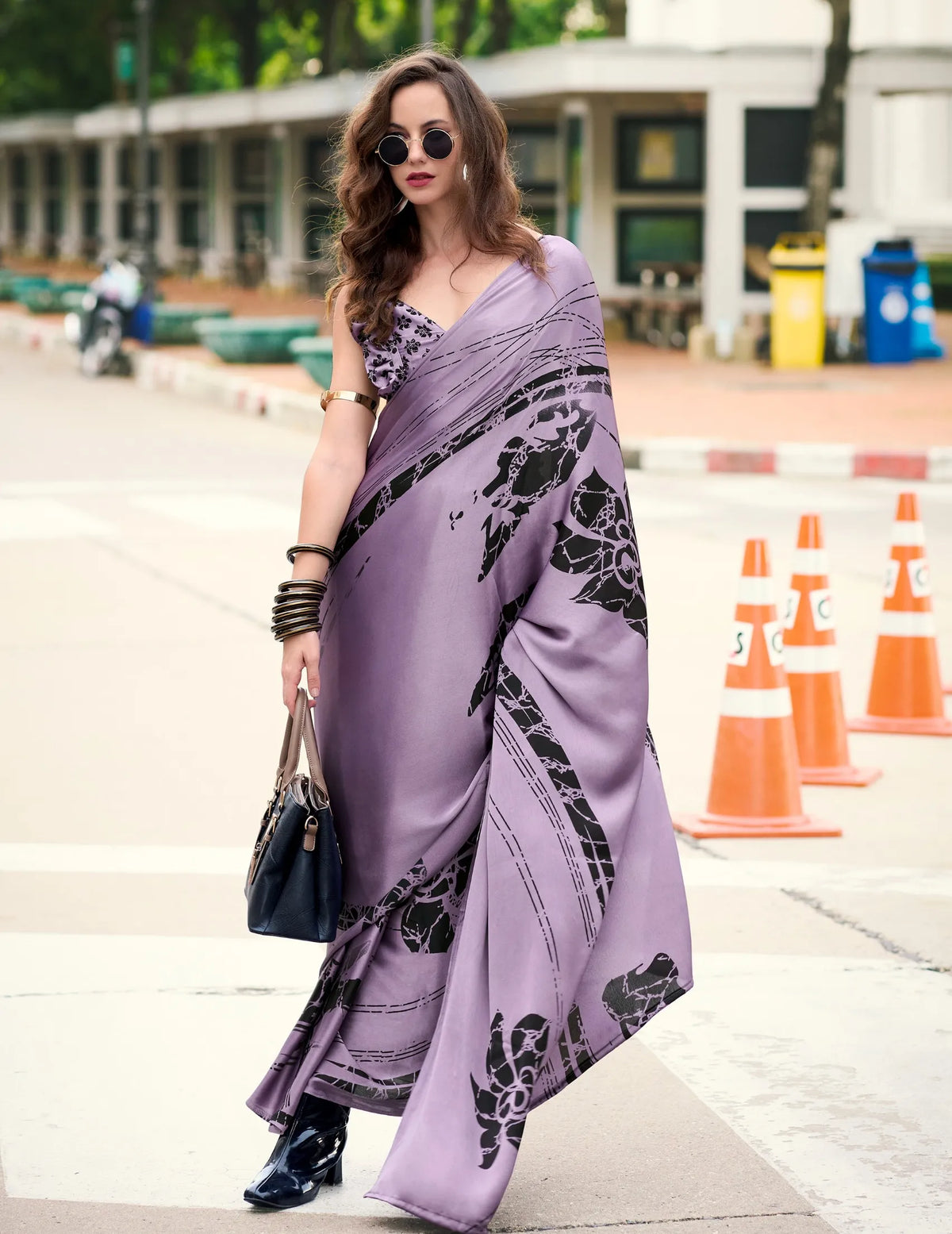 Purple color Japan Satin Digital Printed Saree