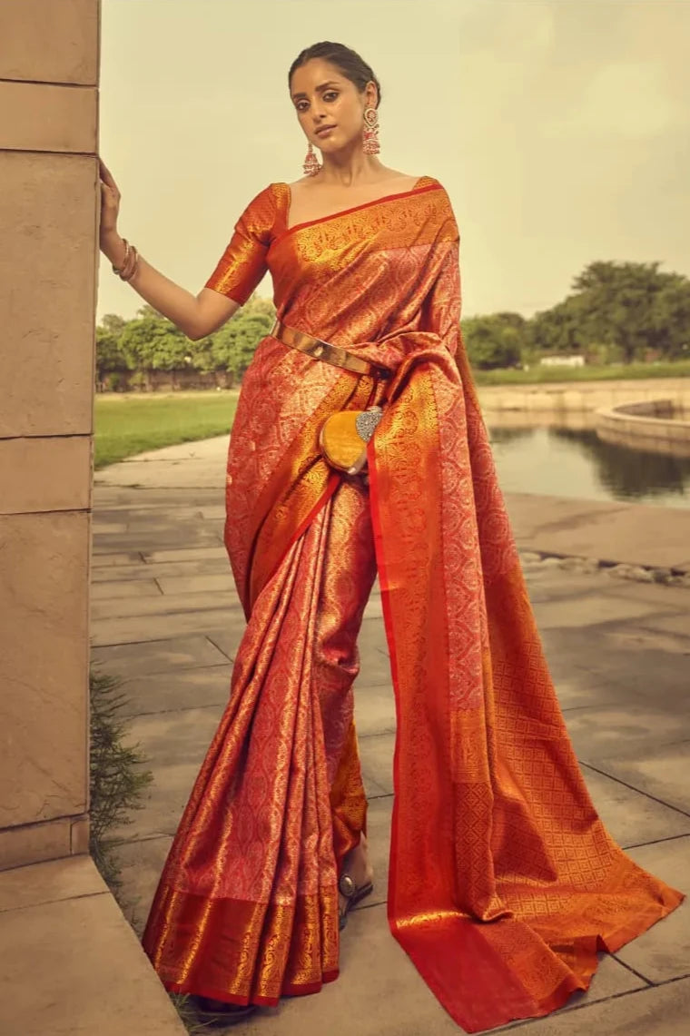 Orange Zari Weaving Viscose Silk Saree For Women