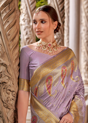 Lavender Soft Silk Ethinic Motif Woven Design Zari Banarasi Saree