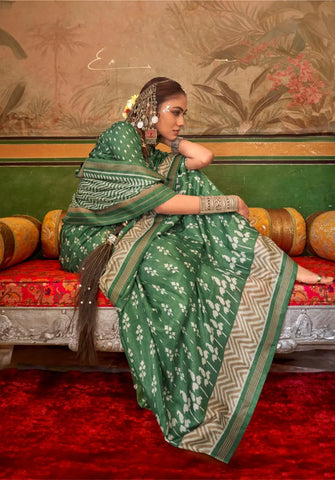 Majestic Green Silk Saree with Delicate White Floral and Geometric Patterns - Perfect for Festive Occasions