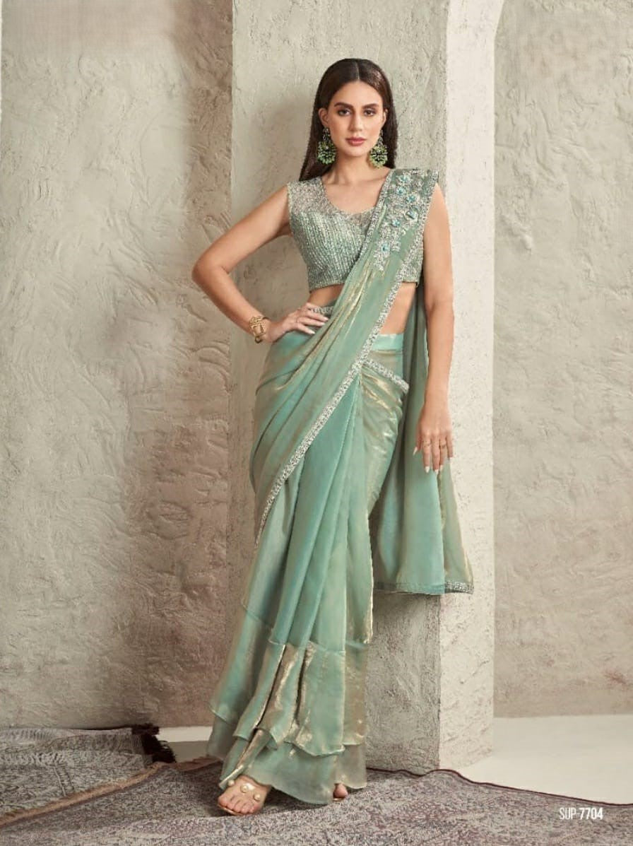 Pastel Green Embroidered Saree with Stylish Blouse | Perfect for Special Occasions