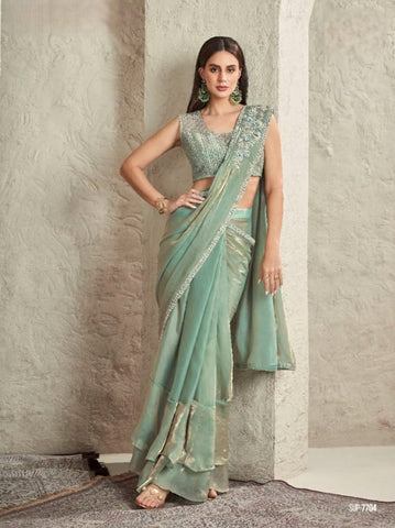 Pastel Green Embroidered Saree with Stylish Blouse | Perfect for Special Occasions