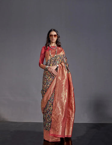 Handwoven Kashmiri Silk Saree with Chaap Border and Contrast Pallu – Perfect for Elegant Occasions