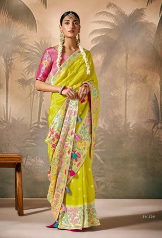 Yellow Silk Saree with Zari Floral Work for Party, Festival & Ceremonial Wear | Contemporary Style