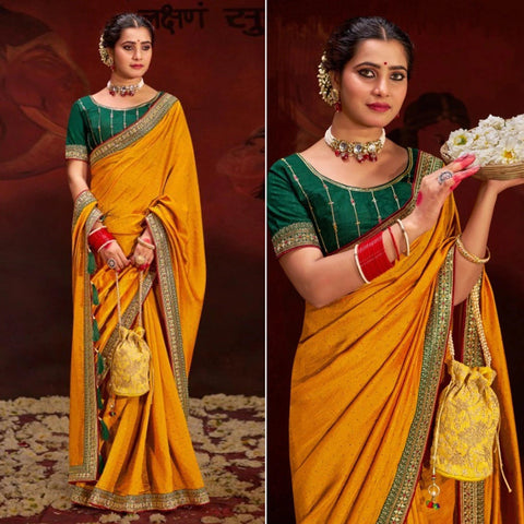 Yellow Embroidered Vichitra Art Silk Saree – Luxurious Elegance for Every Occasion