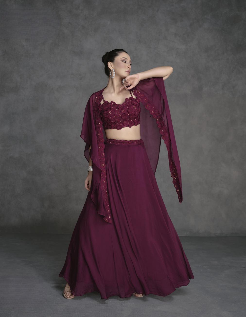 Wine Color Organza Silk Lehenga