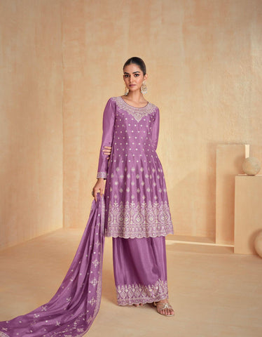 Premium Chinnon Silk Suit with Plazzo and Dupatta | Free Size Stitch