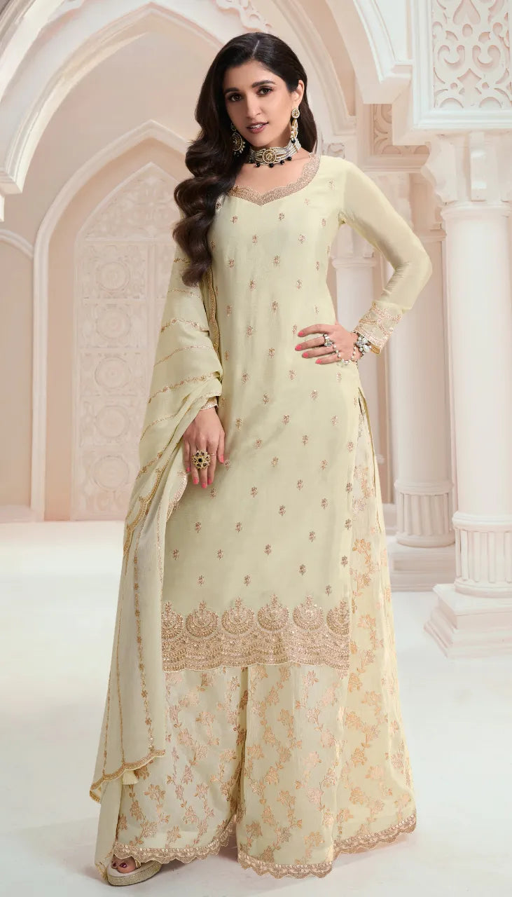 Cream Chinon Embroidery Designer Dress - Top, Bottom, and Dupatta Set