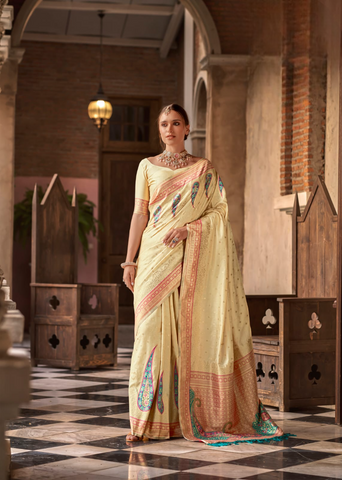 Cream Soft Silk Ethinic Motif Woven Design Zari Banarasi Saree