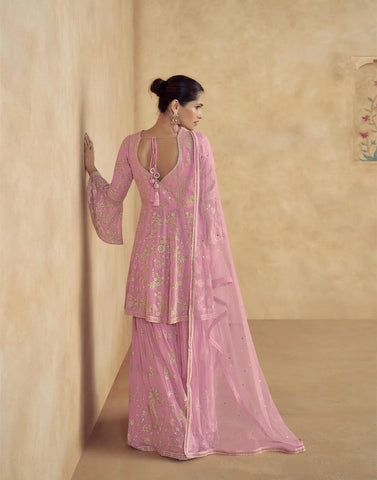 Pink Pure Georgette Anarkali Suit with Delicate Golden Embroidery