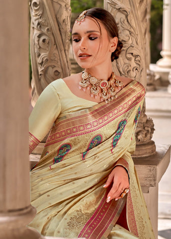 Cream Soft Silk Ethinic Motif Woven Design Zari Banarasi Saree