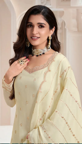 Cream Chinon Embroidery Designer Dress - Top, Bottom, and Dupatta Set