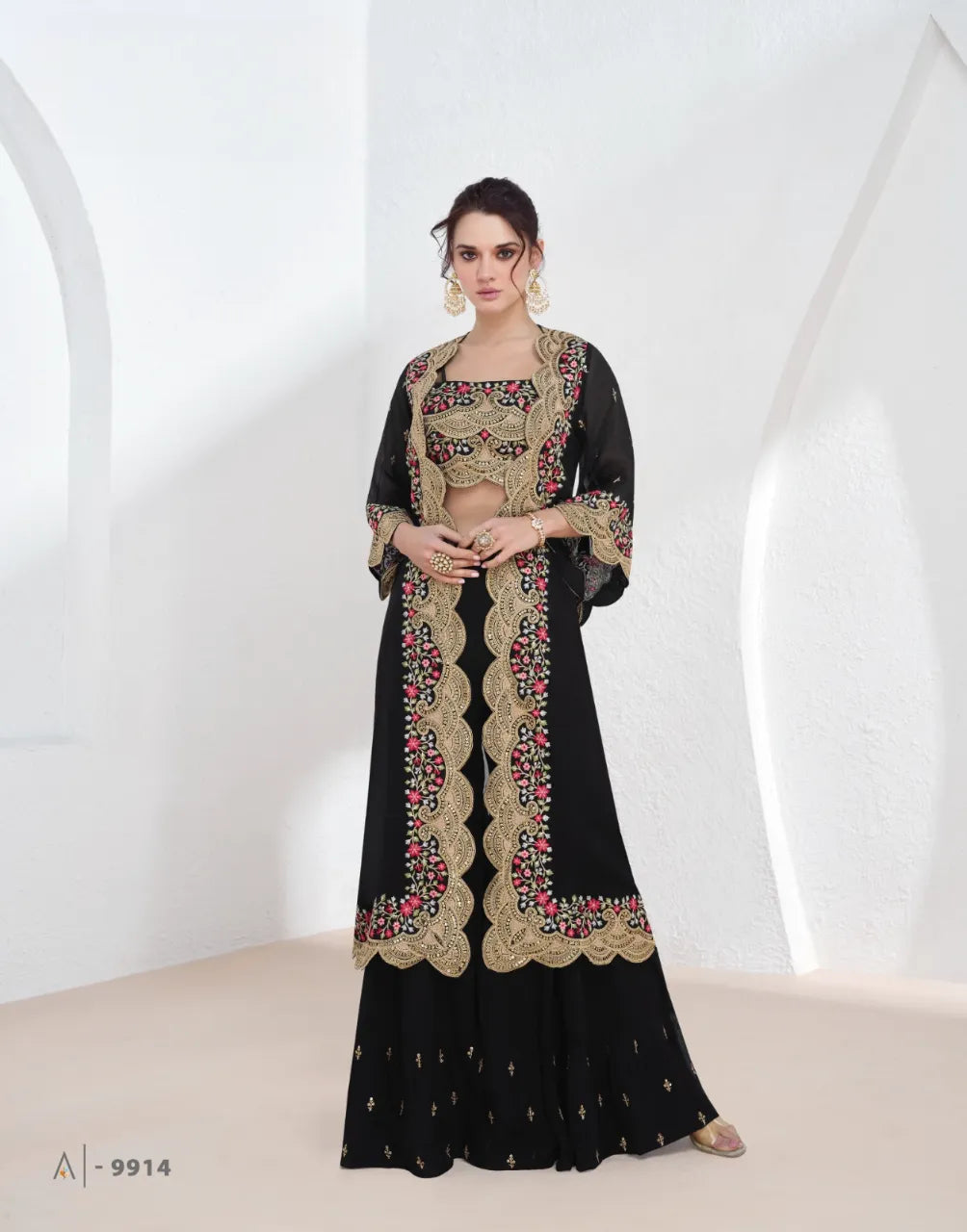 Black Georgette Lehenga Set with Gold & Pink Embroidery – Perfect for Festive Glamour