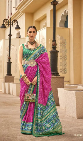 Magenta Pink Polyester Viscose Silk Shagun Patola Saree