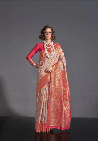 Handwoven Modal Silk Kashmiri Saree with Chaap Border & Contrast Pallu – Perfect for Elegant Occasions