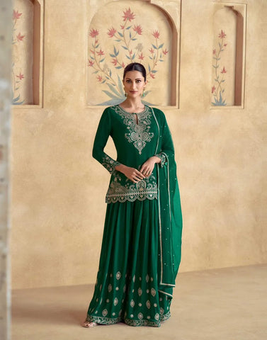 Green Sharara Set with Intricate Embroidery: A Traditional Ethnic Ensemble