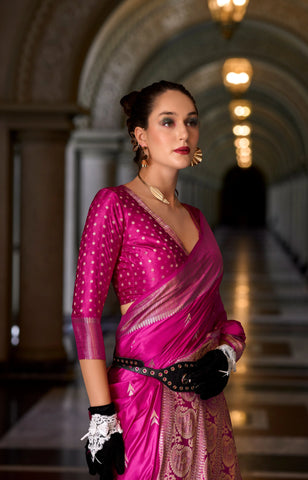 Pink Satin Mungha Silk Saree with Intricate ethinic Motifs - Elegance Redefined