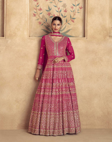 Rich Pink Real Georgette Lehenga Choli with Intricate Embroidery – Perfect for Weddings and Festive Occasions