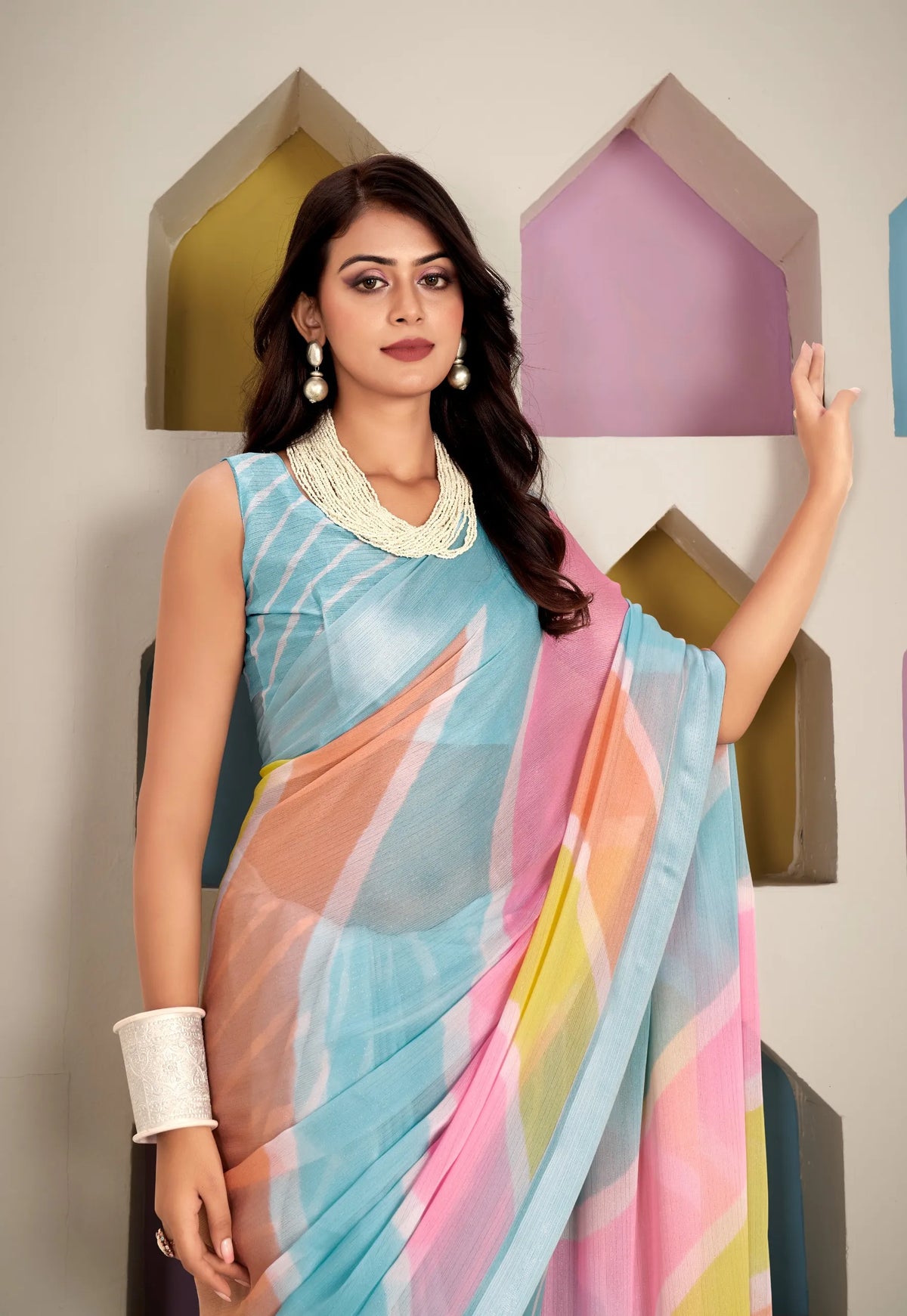 Pastel Chiffon Georgette Saree with Soft, Vibrant Stripes