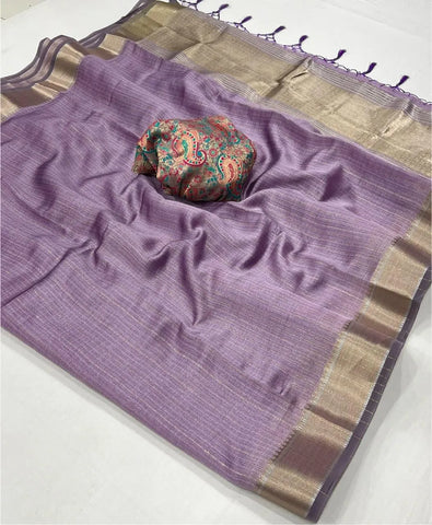 Purple Handwoven Moss Chiffon With Heavy Jacquard Blouse Saree