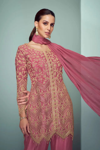 Real Chinon Dusty Rose Pink Designer Salwar Kameez Embroidery Work With Tassel Lace