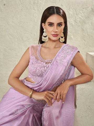 Lavender Soft Silk Embroidered Saree with Designer Blouse - Shop Now