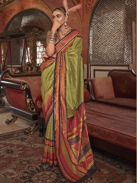 Light Green Polyester Silk Ethinic Motif Pattern Zari Work Banarasi Saree