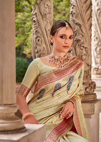 Cream Soft Silk Ethinic Motif Woven Design Zari Banarasi Saree