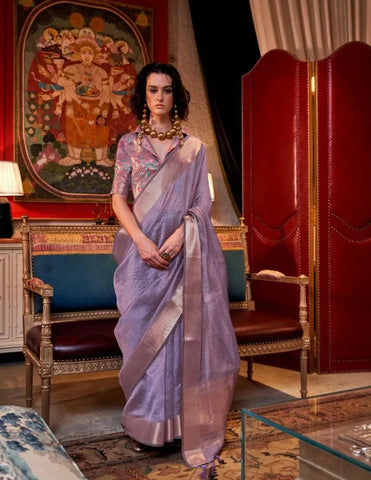 Purple Handwoven Moss Chiffon With Heavy Jacquard Blouse Saree