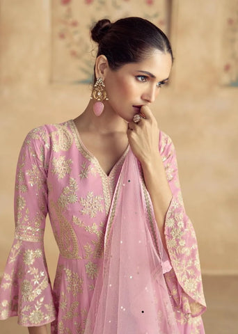 Pink Pure Georgette Anarkali Suit with Delicate Golden Embroidery